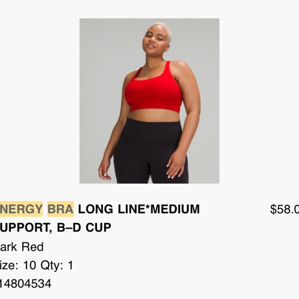 Lululemon energy bra long line medium support, b-d cup